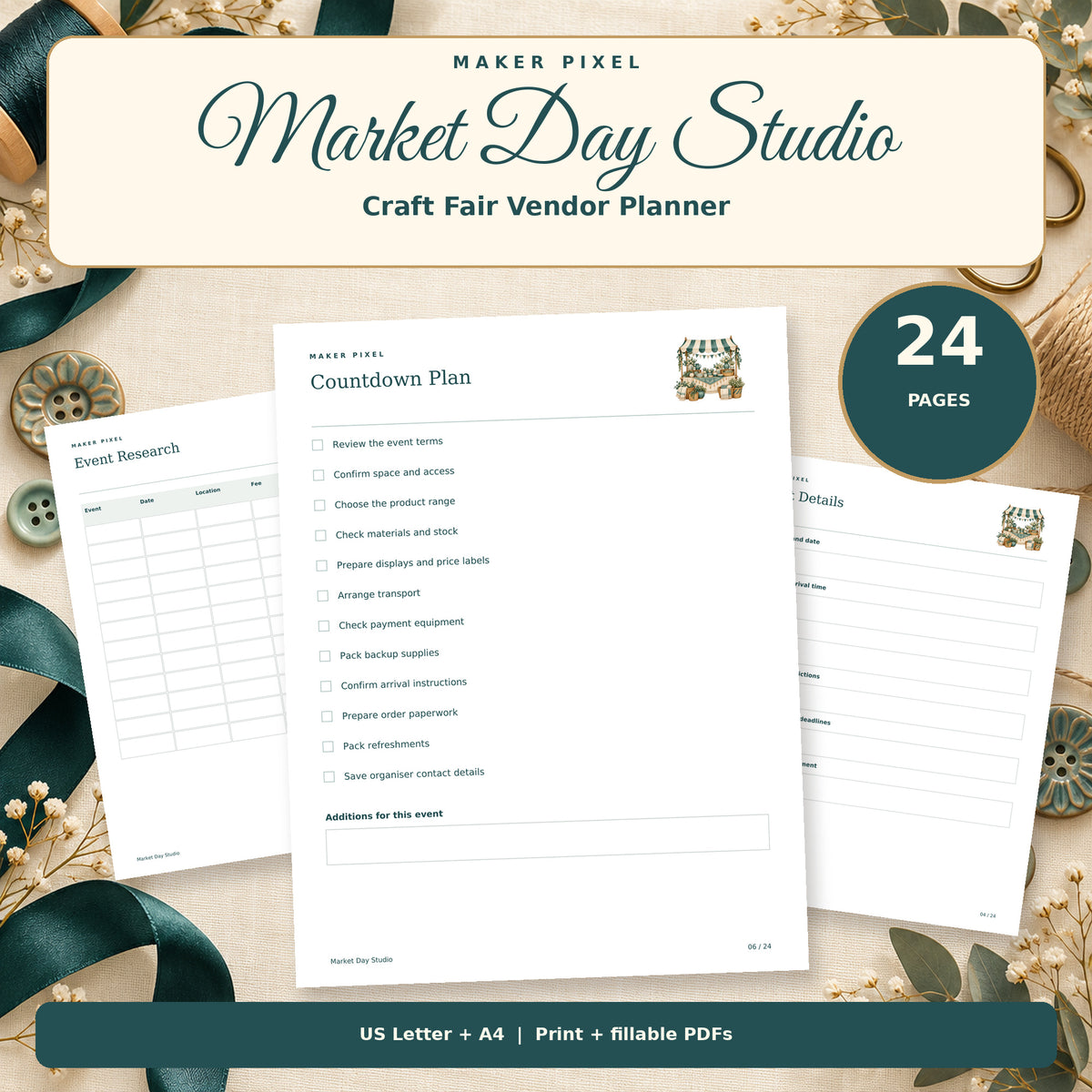 Market Day Studio - styled hero showing actual printable pages