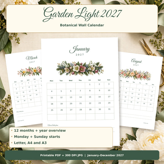 Garden Light 2027 — calendar preview and contents