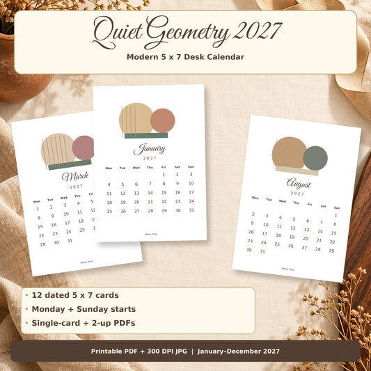 Quiet Geometry 2027 — calendar preview and contents