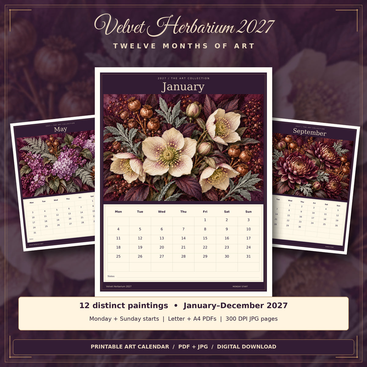Velvet Herbarium 2027 — actual calendar preview and contents