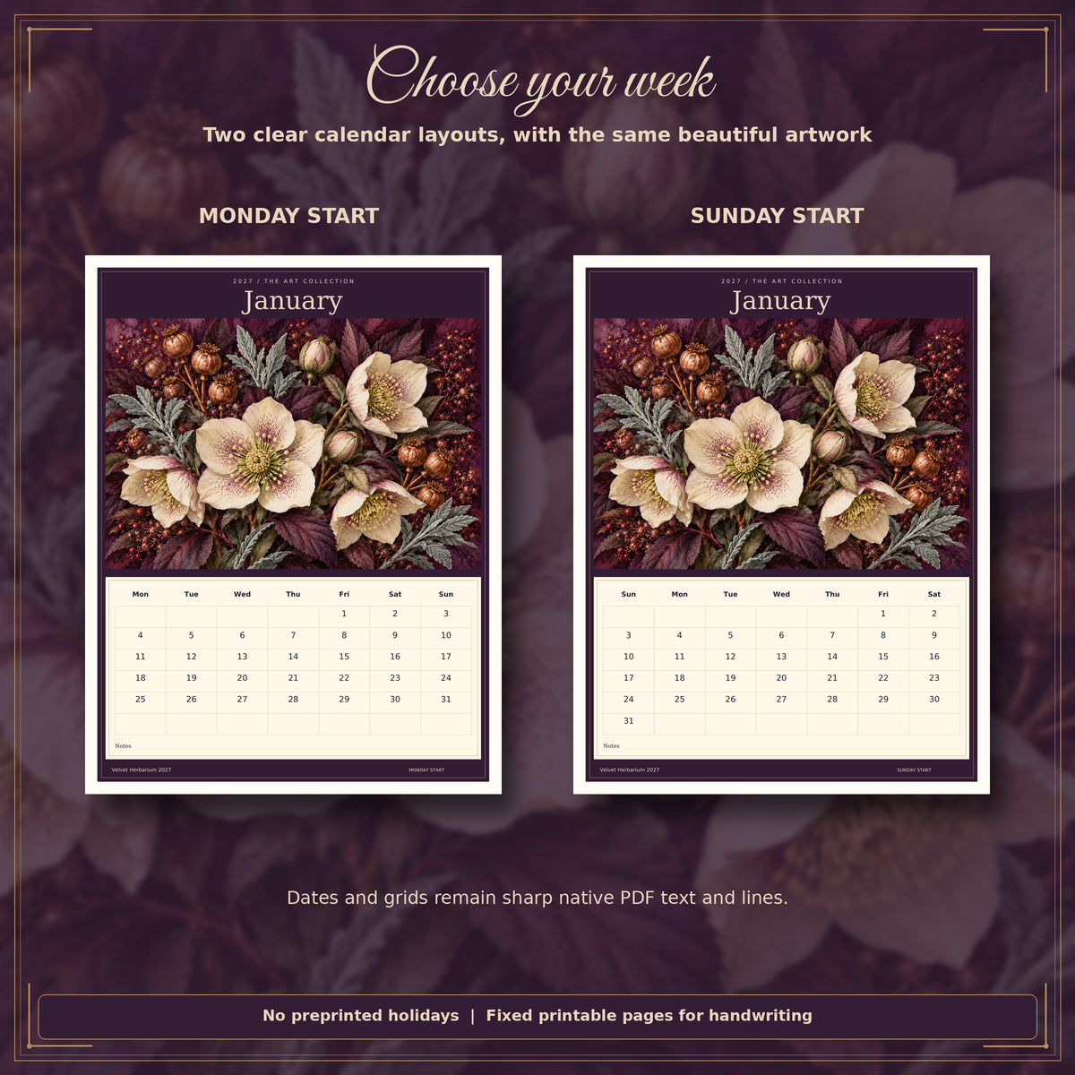 Velvet Herbarium 2027 — Monday and Sunday layouts