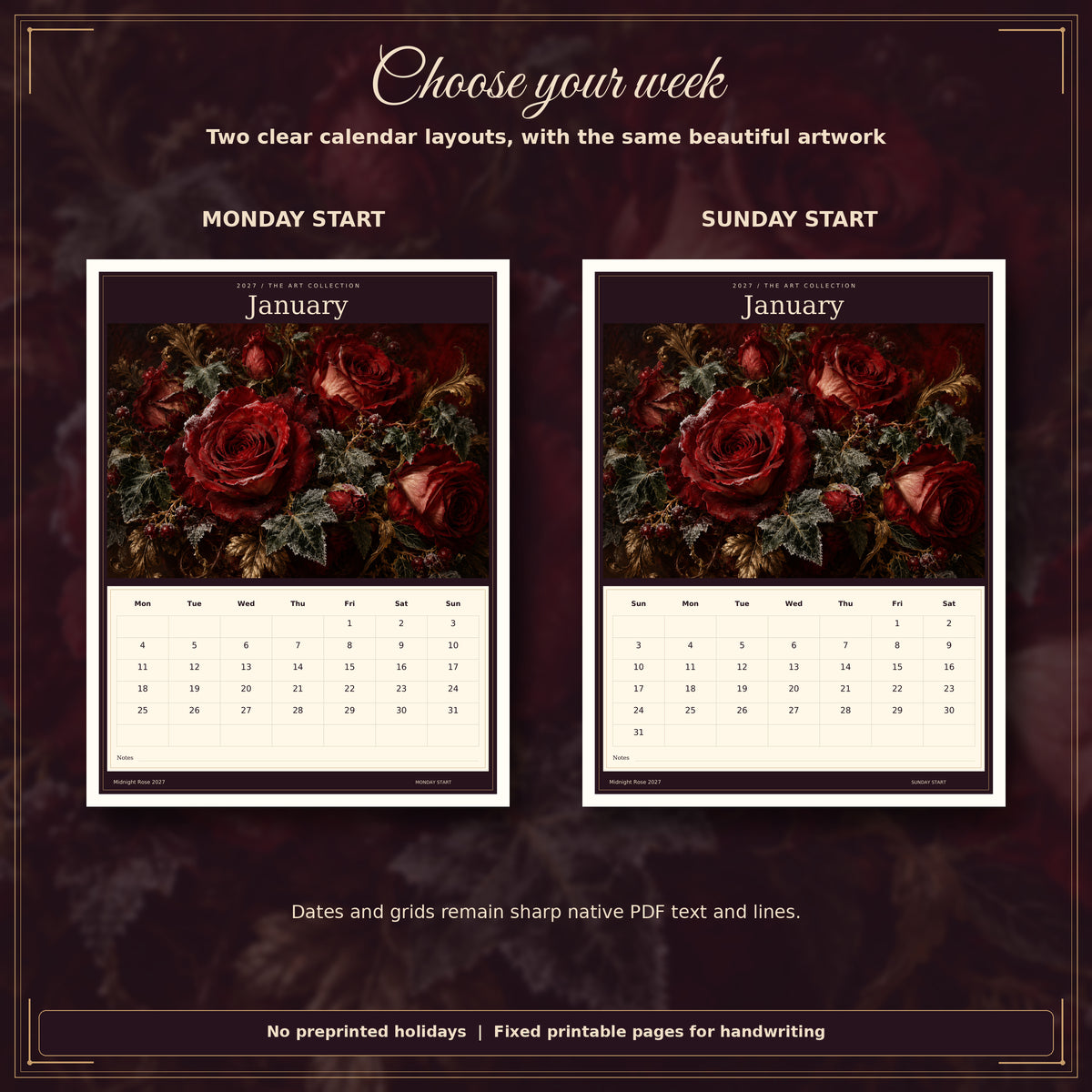 Midnight Rose 2027 — Monday and Sunday layouts