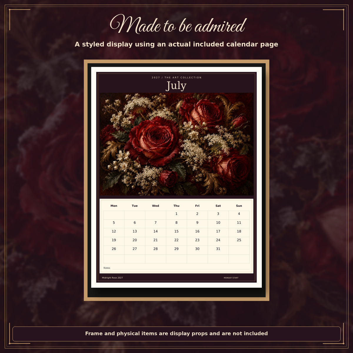 Midnight Rose 2027 — styled display using actual included page