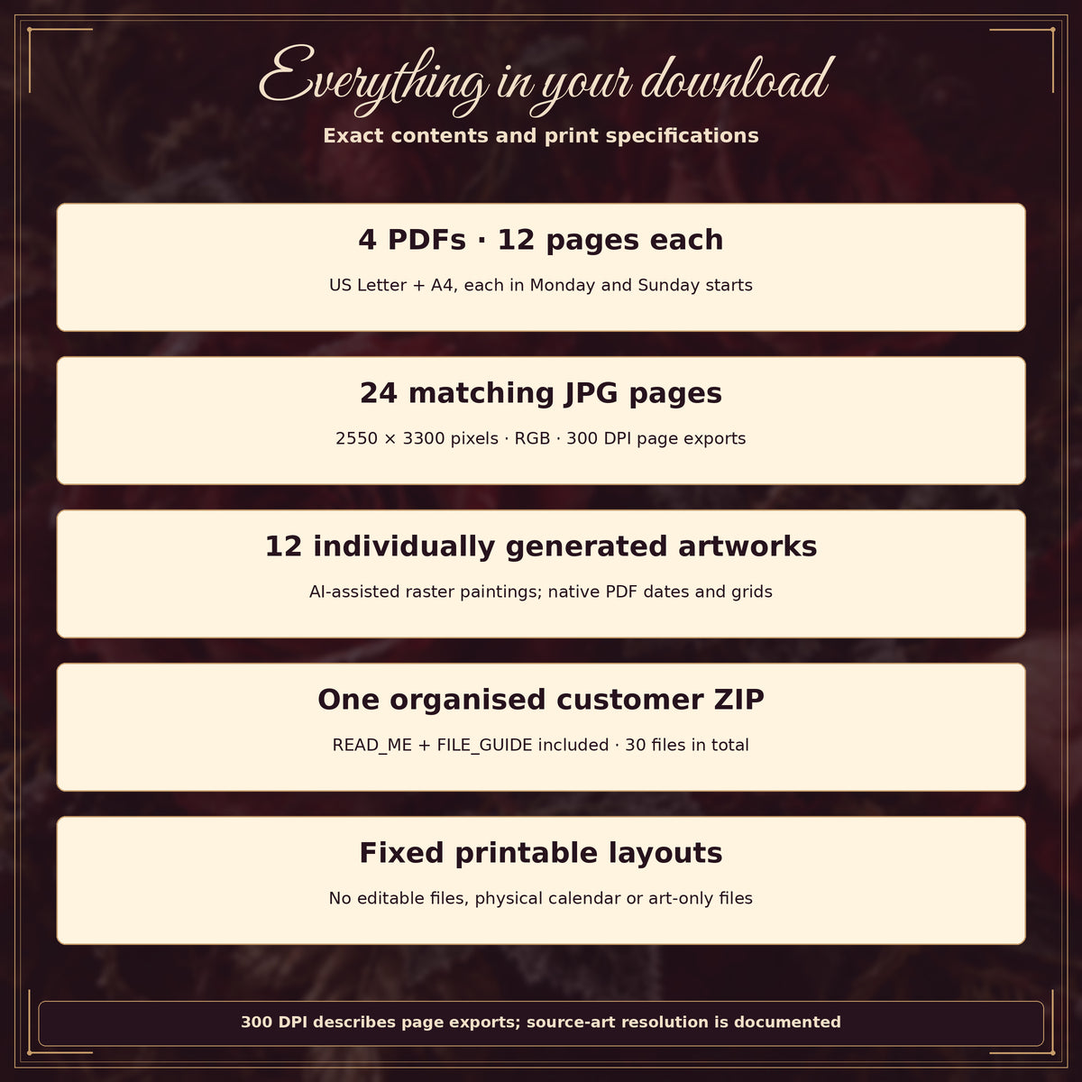 Midnight Rose 2027 — exact download contents and print specifications