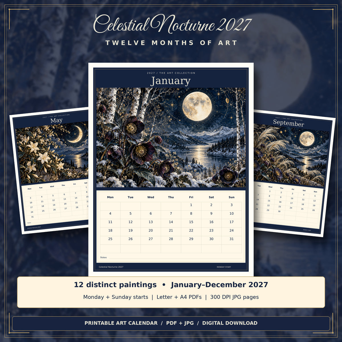 Celestial Nocturne 2027 — actual calendar preview and contents