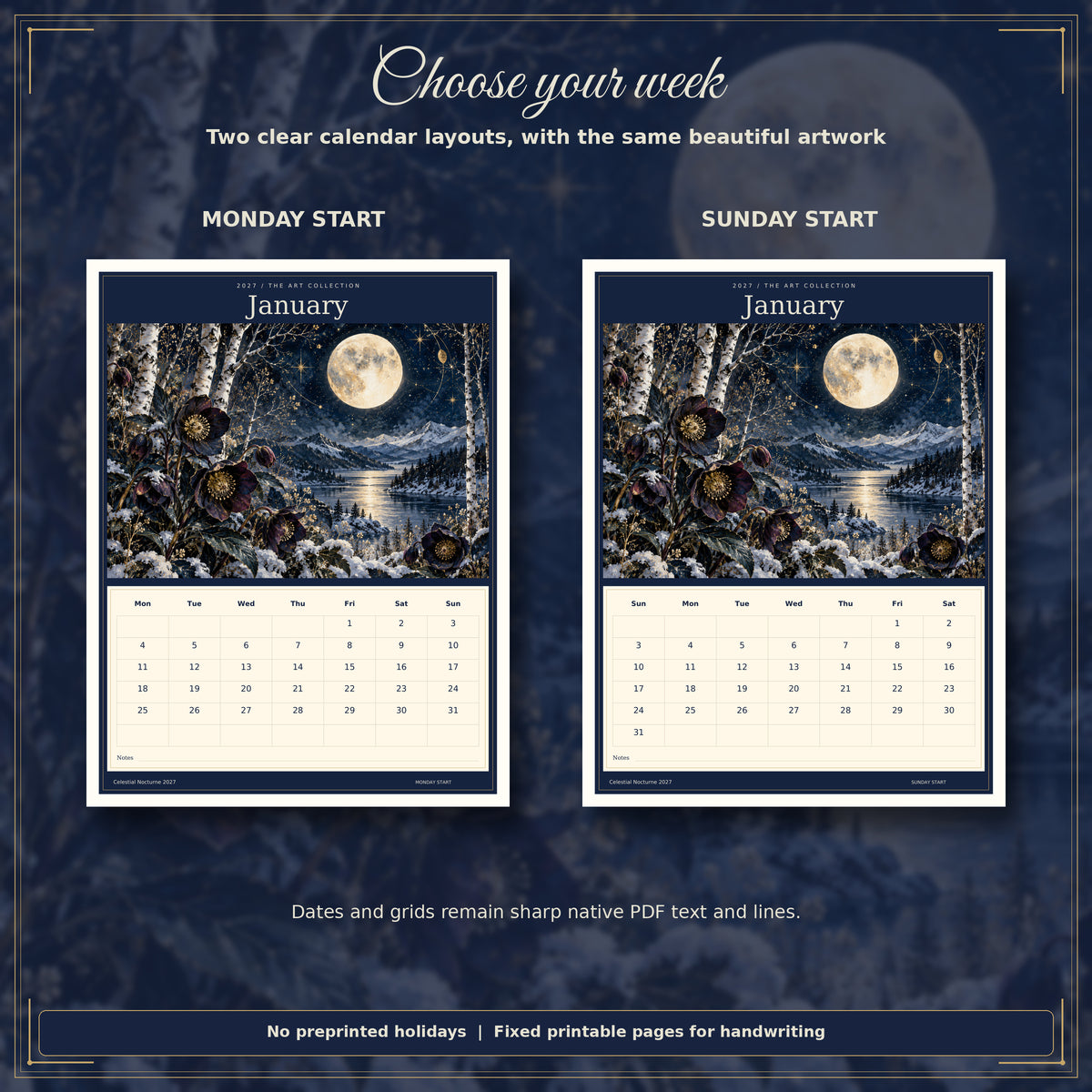 Celestial Nocturne 2027 — Monday and Sunday layouts