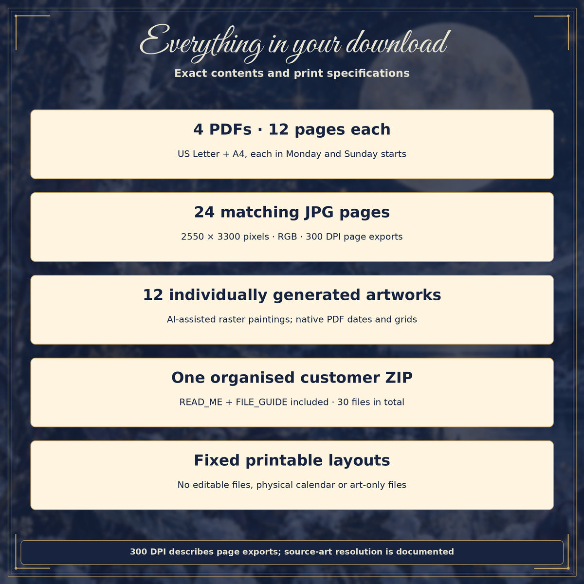 Celestial Nocturne 2027 — exact download contents and print specifications