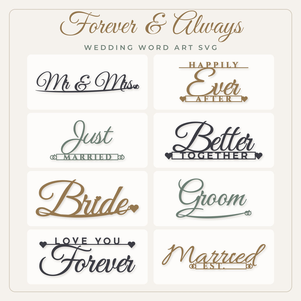 Forever & Always wedding SVG bundle preview showing 8 wedding word art designs in charcoal, gold and sage