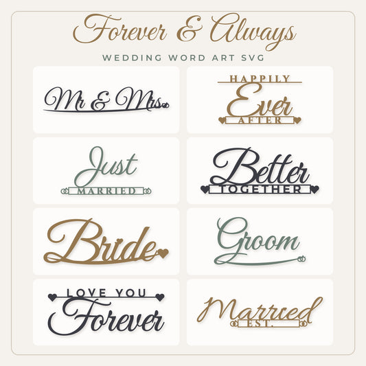Forever & Always wedding SVG bundle preview showing 8 wedding word art designs in charcoal, gold and sage