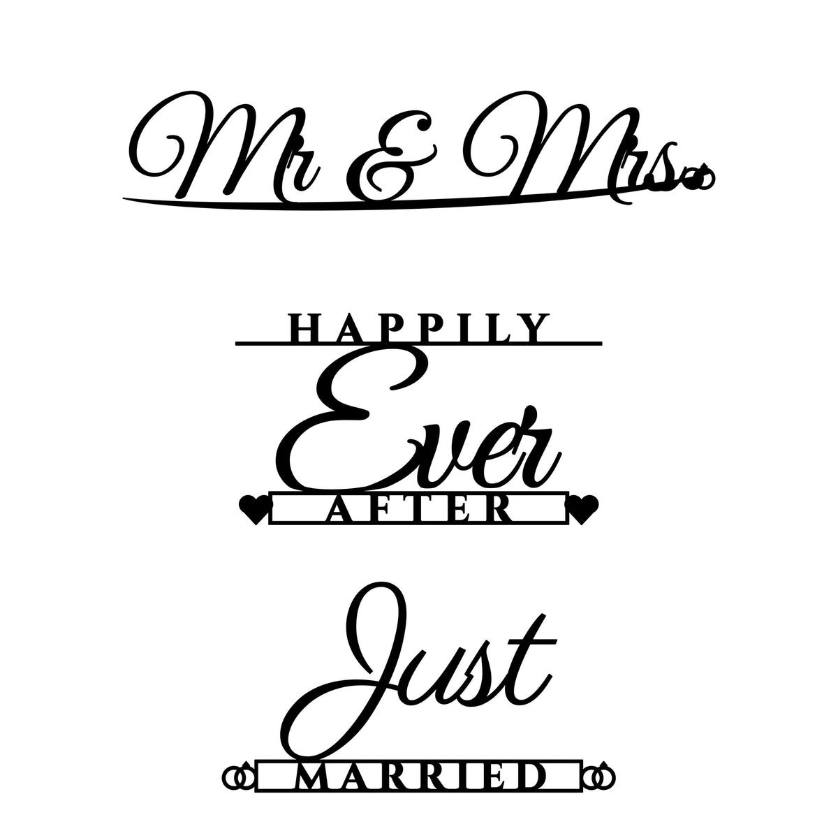 Close-up of Mr & Mrs, Happily Ever After and Just Married wedding SVGs