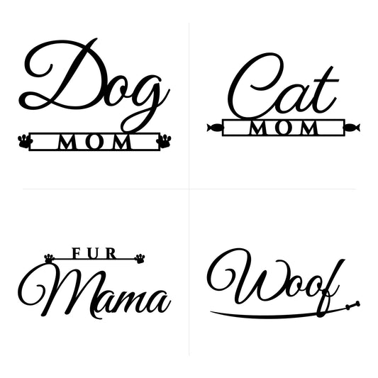 Dog Mom, Cat Mom, Fur Mama and Woof calligraphy cut file designs with paw prints and fish
