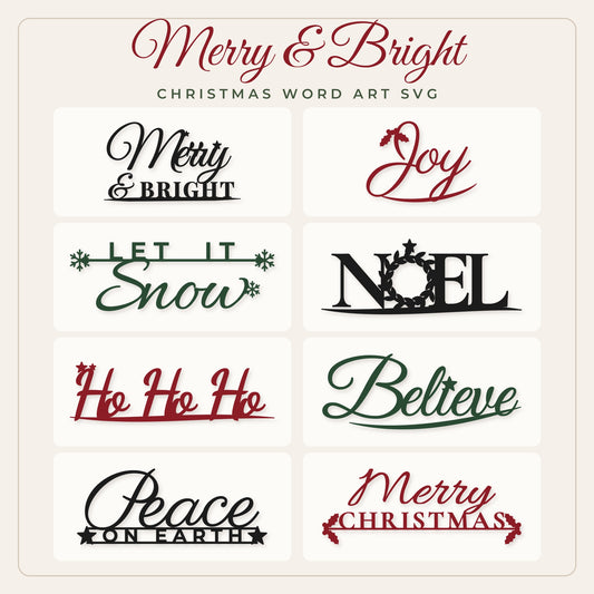 Merry & Bright Christmas word art SVG bundle preview showing all 8 holiday designs