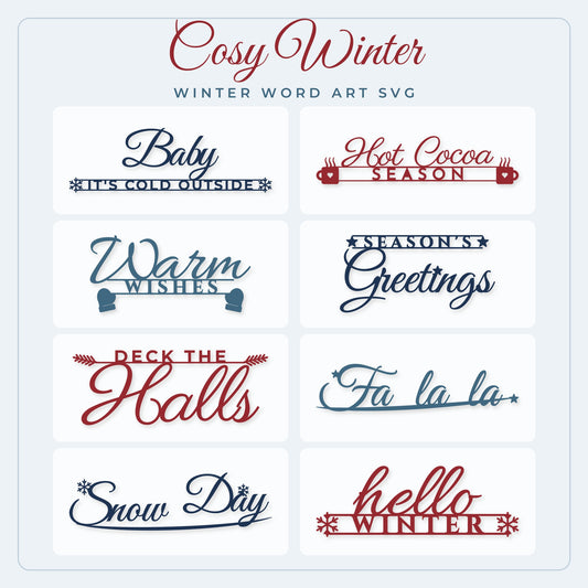 Cosy Winter Christmas word art SVG bundle – main preview of all 8 designs