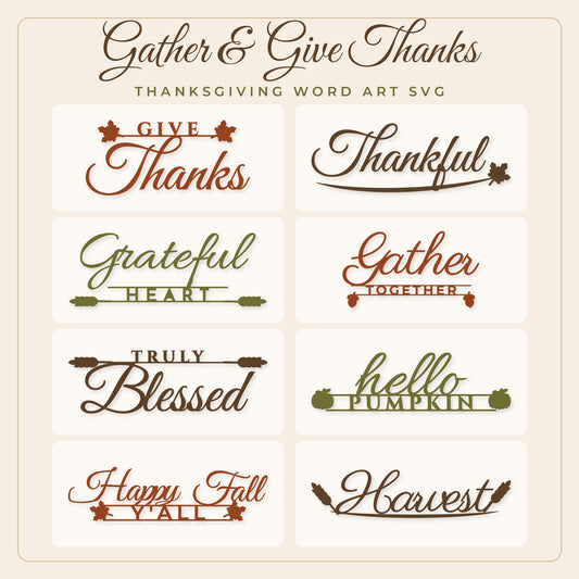 Gather & Give Thanks Thanksgiving word art SVG bundle – main preview of all 8 designs