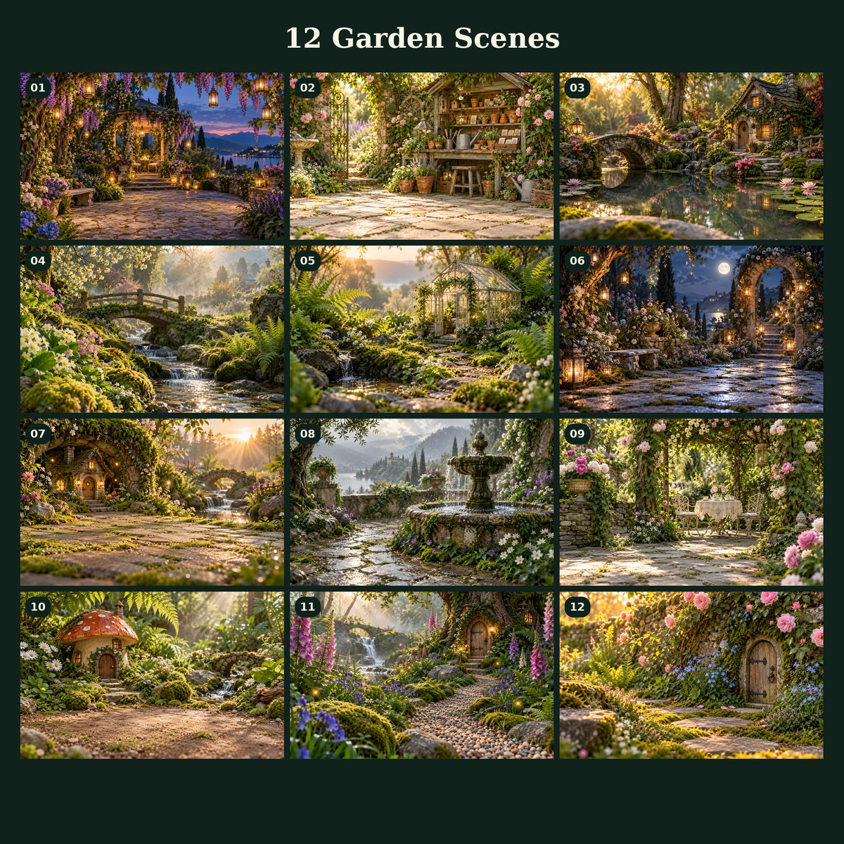 Overview of all 12 fairy garden photography backdrops