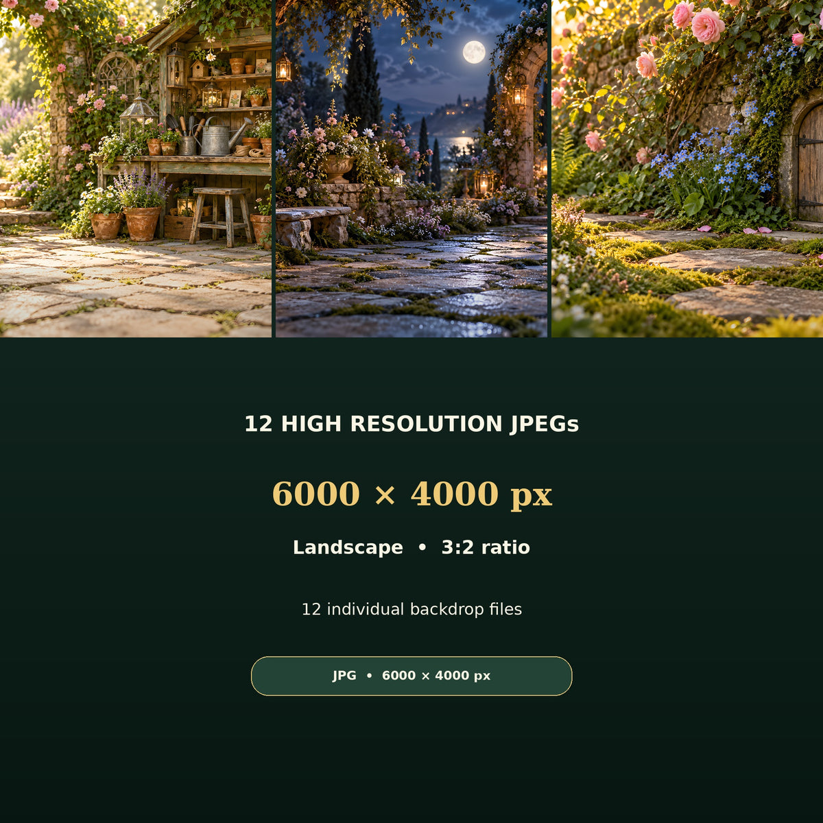 12 high resolution JPEG backdrops, 6000 × 4000 px, landscape 3:2