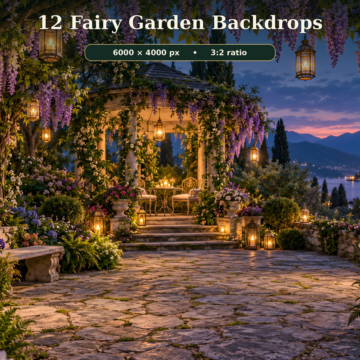 Fairy garden backdrops: 12 scenes, 6000 × 4000 px, 3:2 ratio