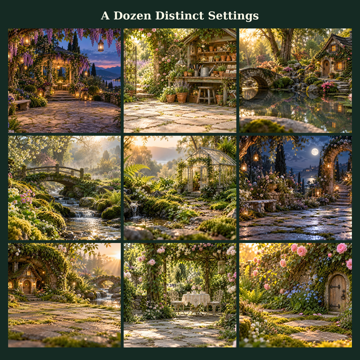 Nine detailed views from the fairy garden backdrop collection