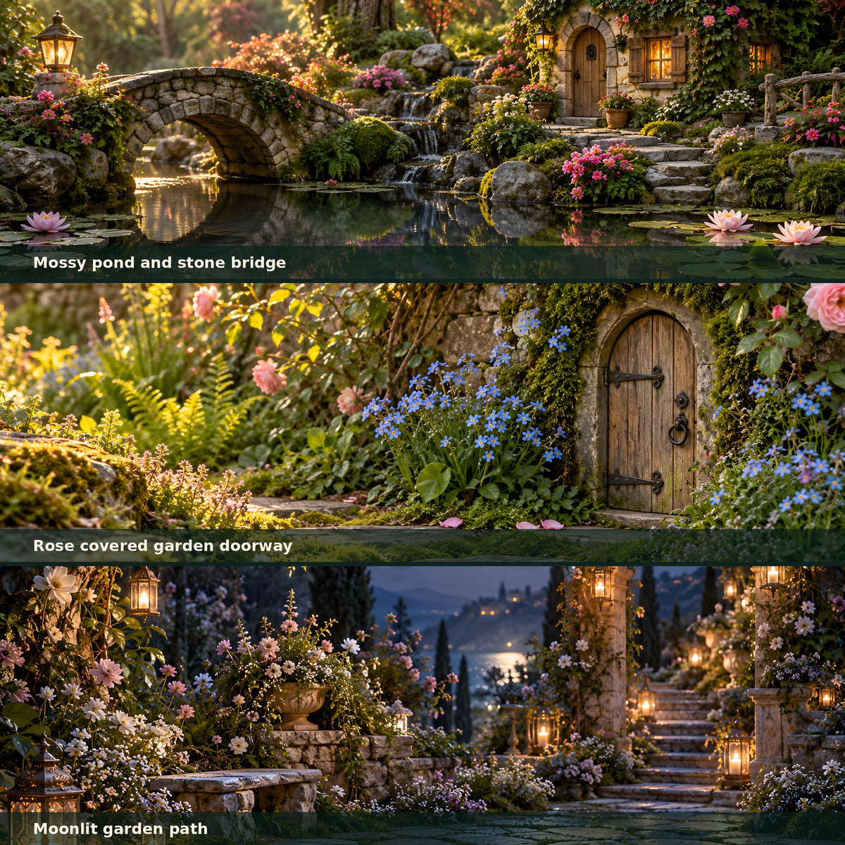 Fairy garden pond, flower doorway and moonlit garden scene previews