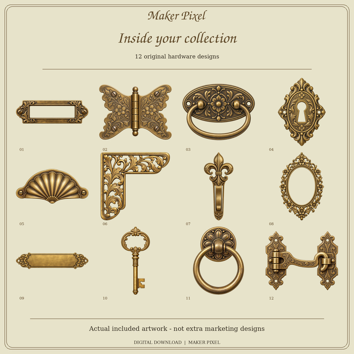 Gilded Cabinet Findings - 12 Faux Hardware PNGs and 7 Printable Fussy Cut Sheets — Exact included original designs