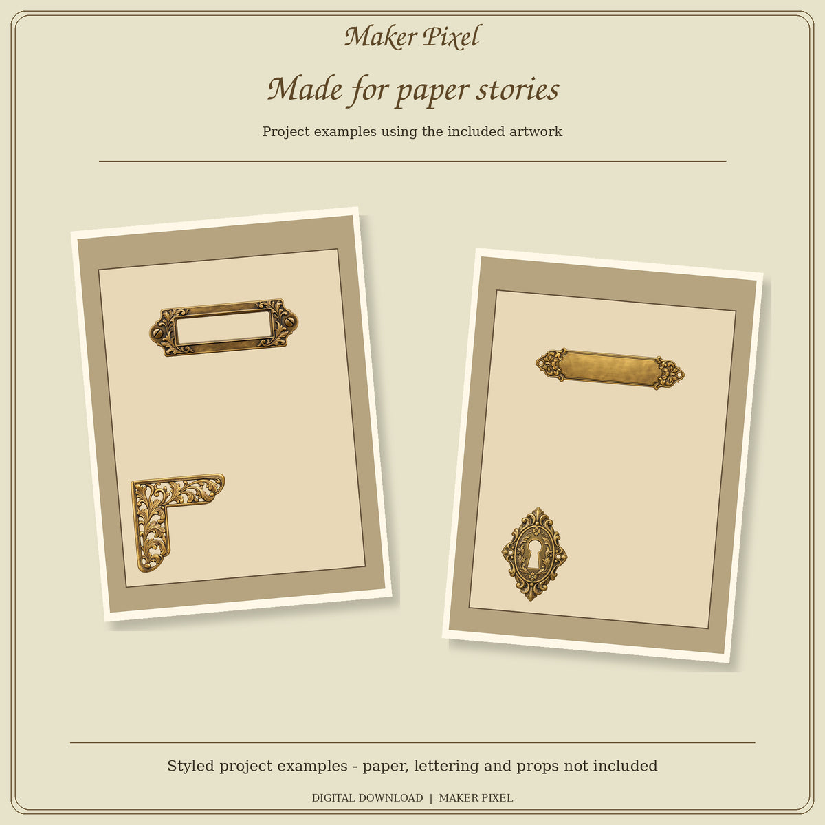 Gilded Cabinet Findings - 12 Faux Hardware PNGs and 7 Printable Fussy Cut Sheets — Styled project examples using included artwork