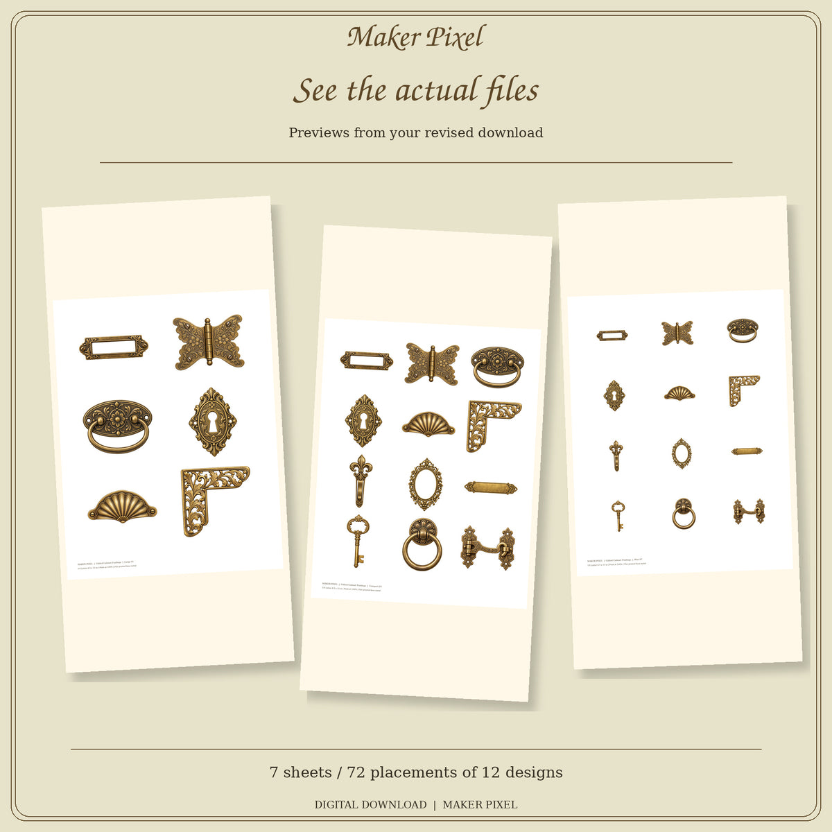Gilded Cabinet Findings - 12 Faux Hardware PNGs and 7 Printable Fussy Cut Sheets — Revised print sheets with actual included hardware
