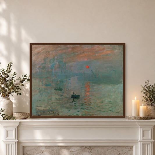 Impression, Sunrise by Claude Monet — walnut frame, mantel lean mockup
