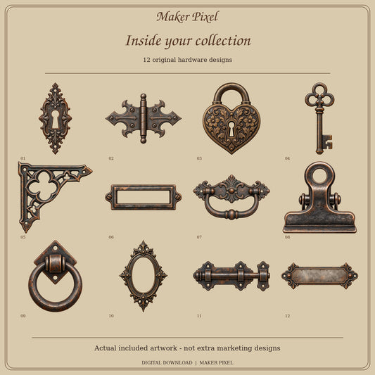 Ironbound Relics Hardware - 12 Faux Hardware PNGs and 9 Printable Fussy Cut Sheets — Exact included original designs
