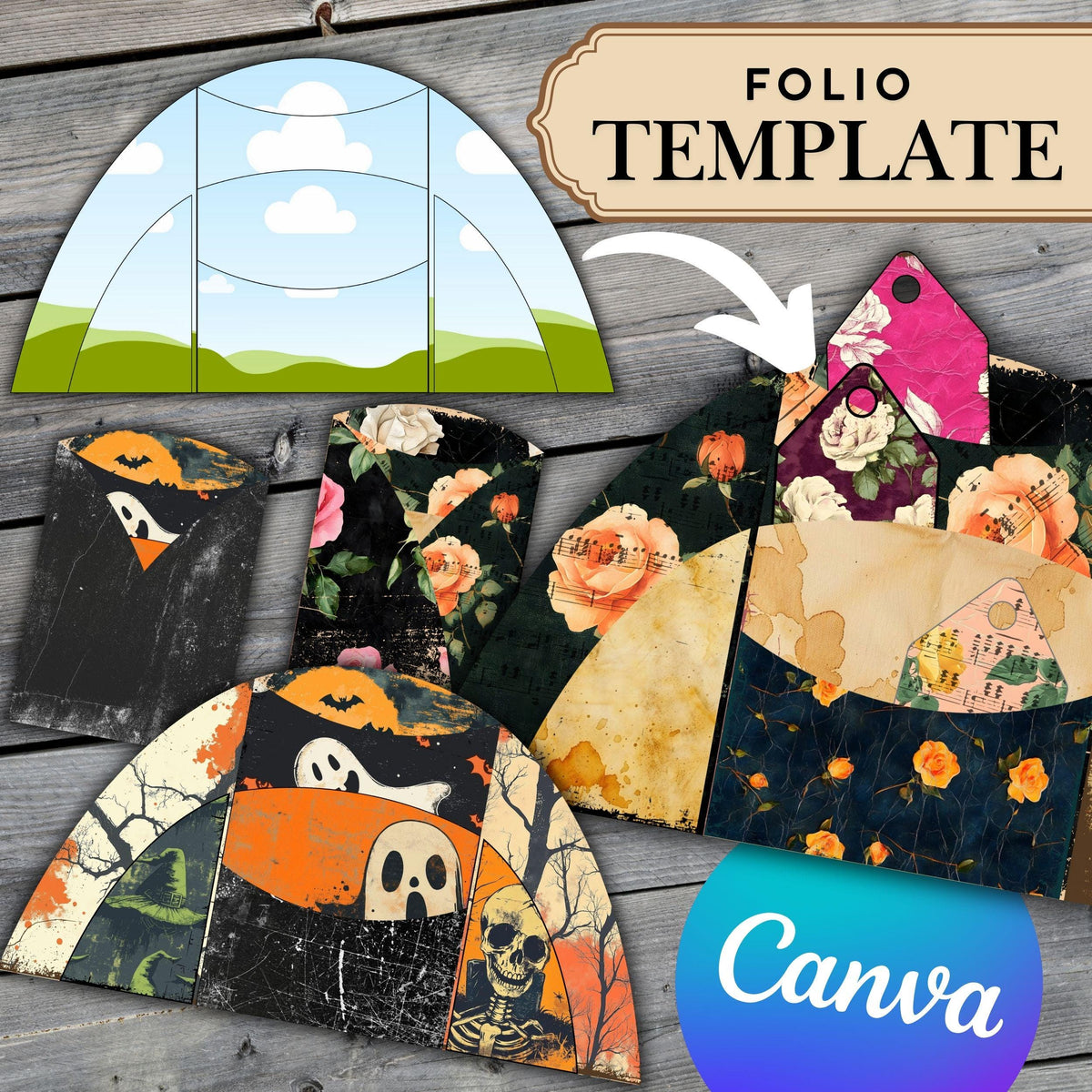 Folio 3 Canva Template – Dome Fold-Out Junk Journal Folio Kit, Commercial Use