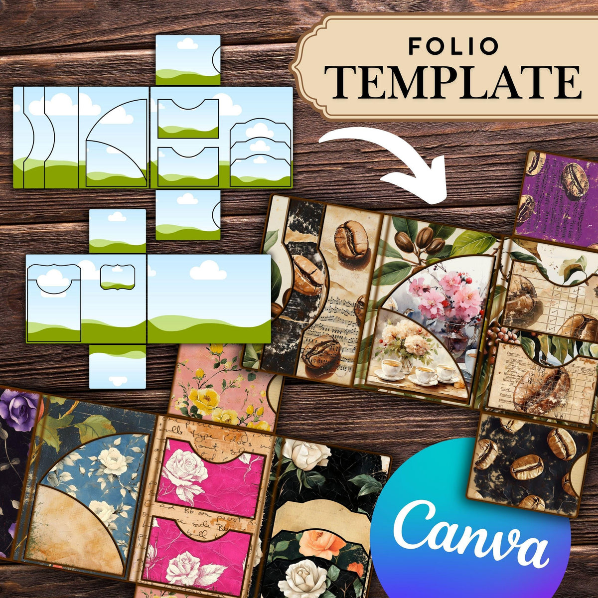 Folio 5 Canva Template – Cross-Fold Junk Journal Folio Kit with Pockets, Commercial Use