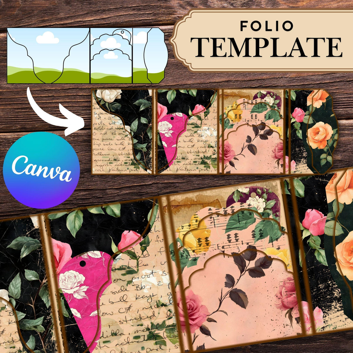 Folio 6 Canva Template – Scalloped Edge Junk Journal Folio Kit, Commercial Use
