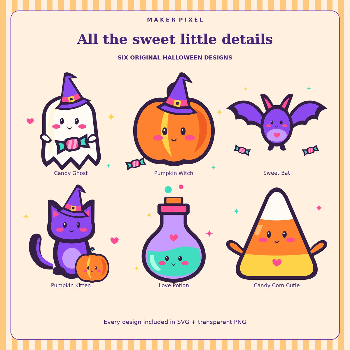Kawaii Candy Halloween SVG + PNG Pack – 6 Vibrant Cute Characters