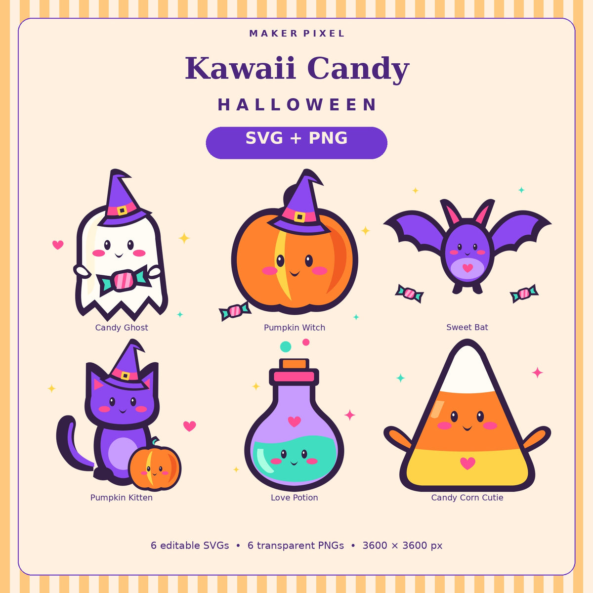 Kawaii Candy Halloween SVG + PNG Pack – 6 Vibrant Cute Characters