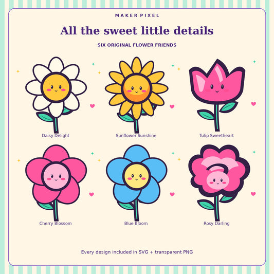Kawaii Flower Friends SVG + PNG Pack – 6 Cute Floral Characters