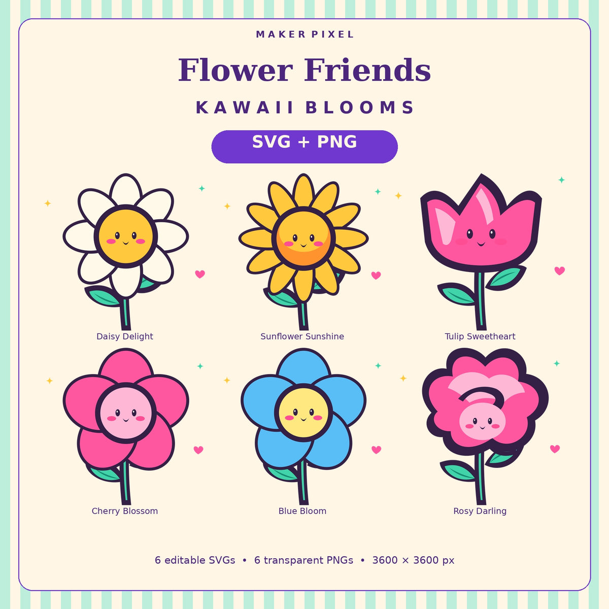 Kawaii Flower Friends SVG + PNG Pack – 6 Cute Floral Characters