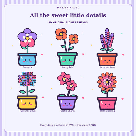 Kawaii Potted Blooms SVG + PNG Pack – 6 Happy Flower Pots