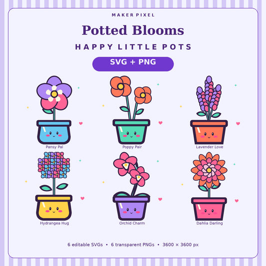 Kawaii Potted Blooms SVG + PNG Pack – 6 Happy Flower Pots