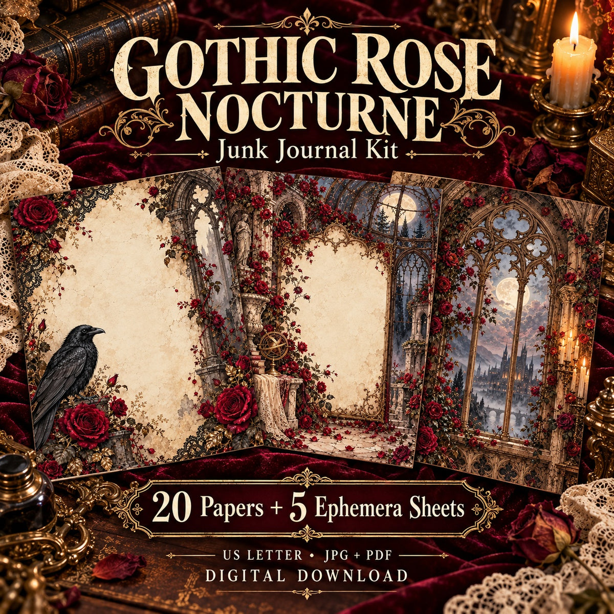 Gothic Rose Nocturne Junk Journal Kit - 20 Papers + 5 Ephemera Sheets