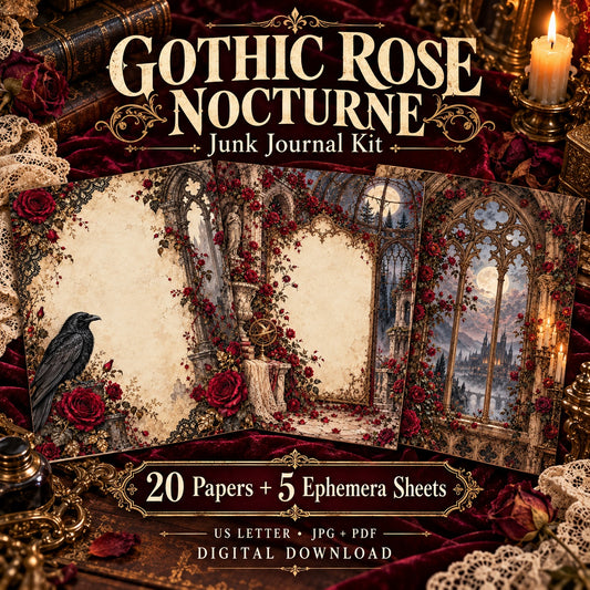Gothic Rose Nocturne Junk Journal Kit - 20 Papers + 5 Ephemera Sheets