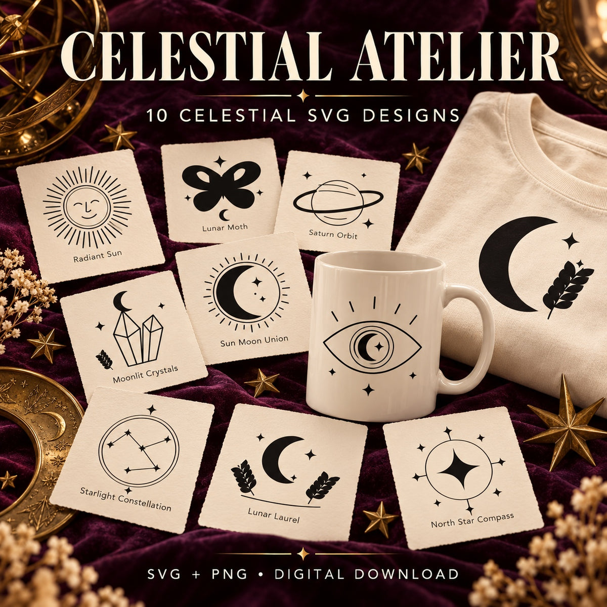 Celestial Atelier SVG Pack – 10 Celestial Designs + PNG