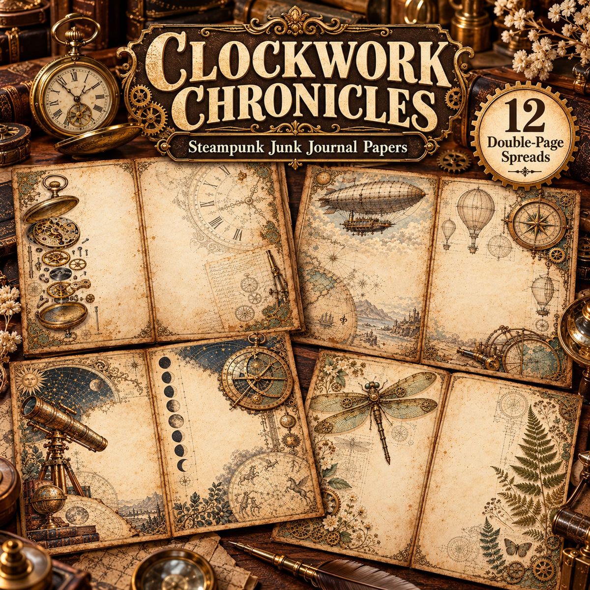 Clockwork Chronicles Steampunk Junk Journal Papers - 12 Double-Page Spreads