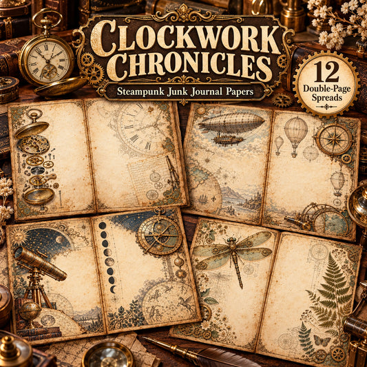 Clockwork Chronicles Steampunk Junk Journal Papers - 12 Double-Page Spreads