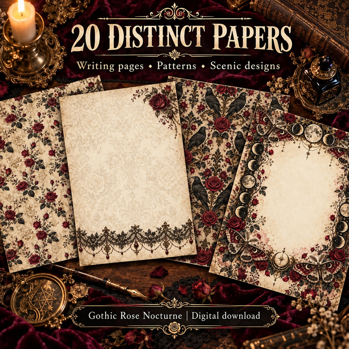 Gothic Rose Nocturne Junk Journal Kit - 20 Papers + 5 Ephemera Sheets