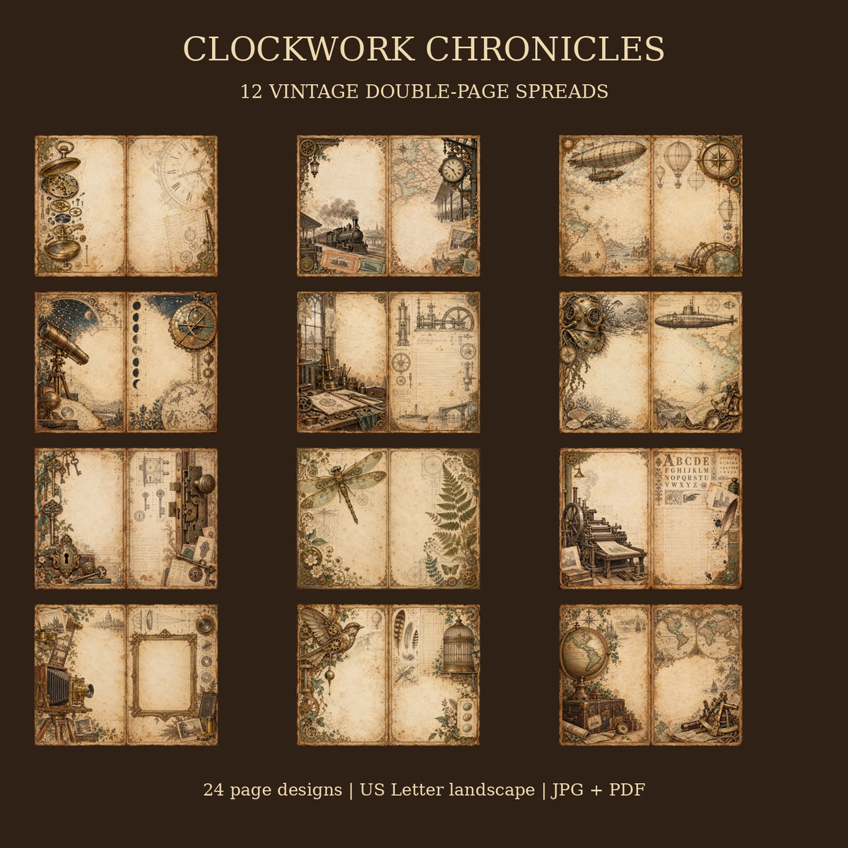 Clockwork Chronicles Steampunk Junk Journal Papers - 12 Double-Page Spreads