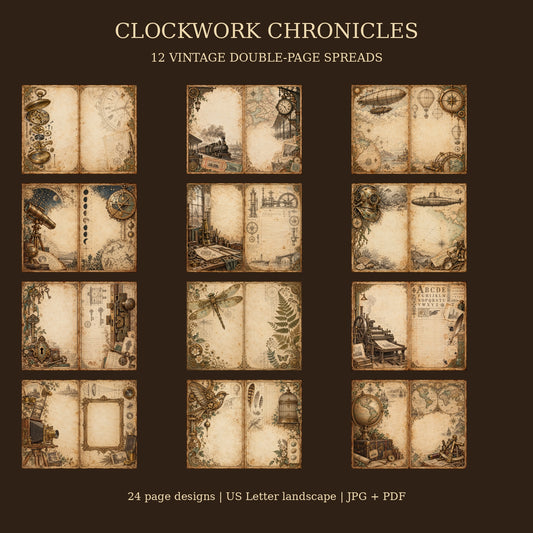 Clockwork Chronicles Steampunk Junk Journal Papers - 12 Double-Page Spreads