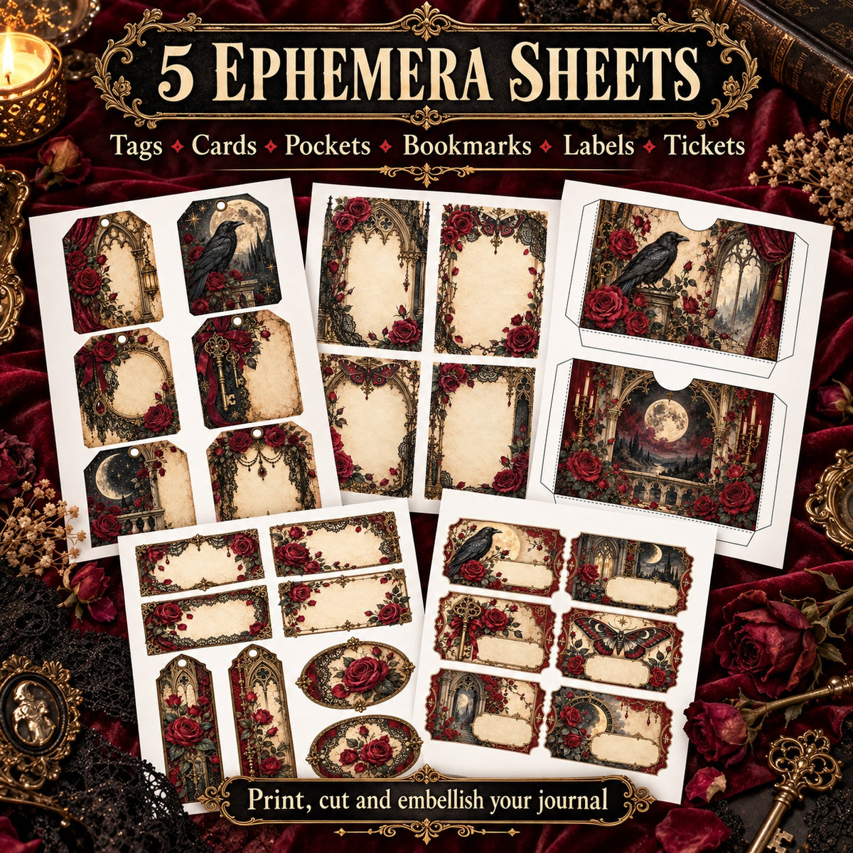 Gothic Rose Nocturne Junk Journal Kit - 20 Papers + 5 Ephemera Sheets
