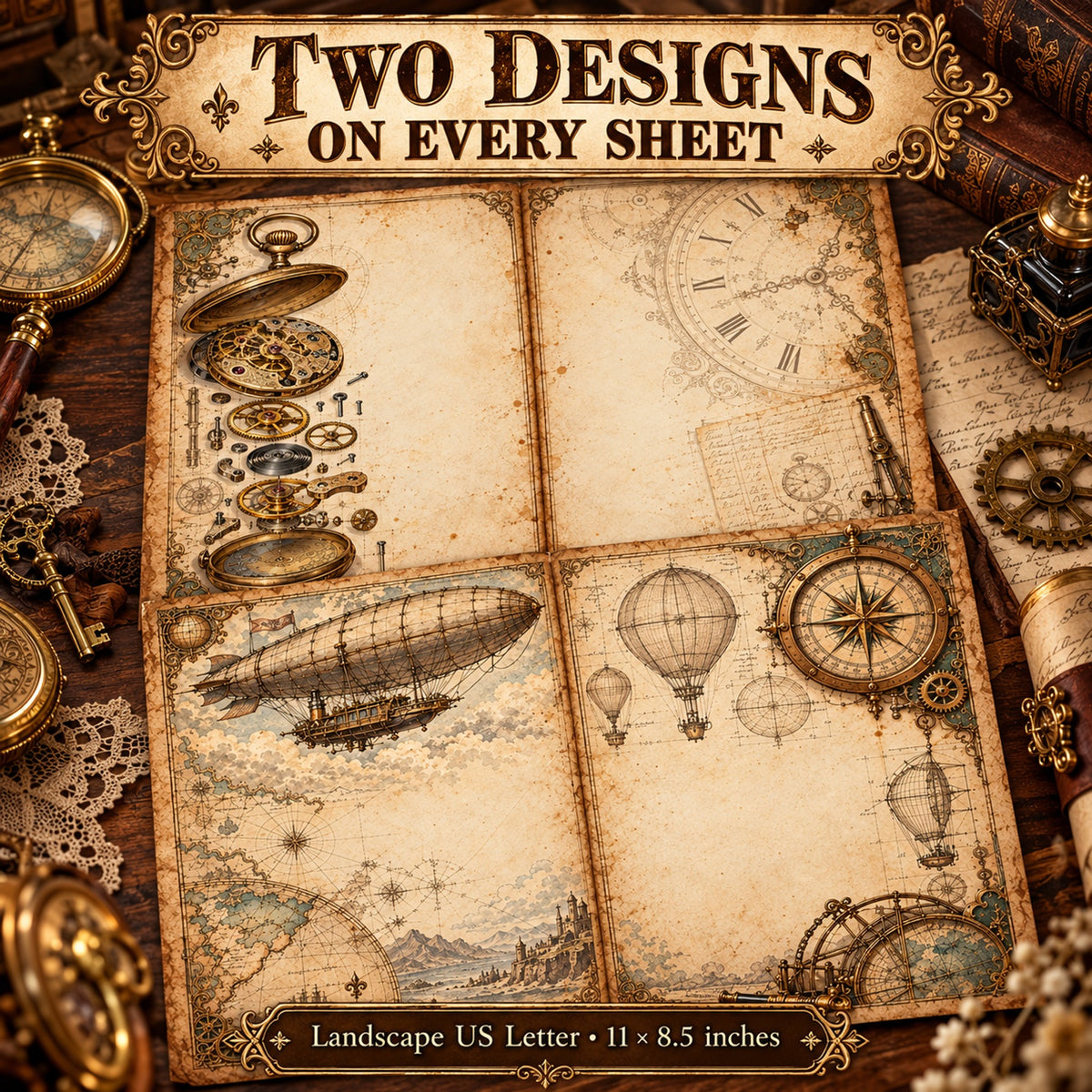 Clockwork Chronicles Steampunk Junk Journal Papers - 12 Double-Page Spreads