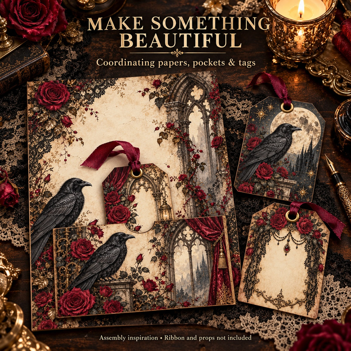 Gothic Rose Nocturne Junk Journal Kit - 20 Papers + 5 Ephemera Sheets