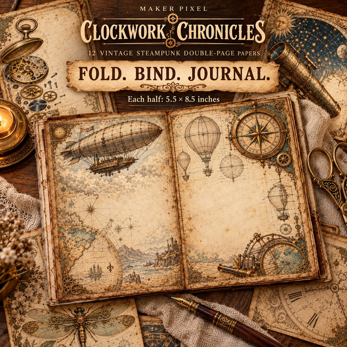Clockwork Chronicles Steampunk Junk Journal Papers - 12 Double-Page Spreads