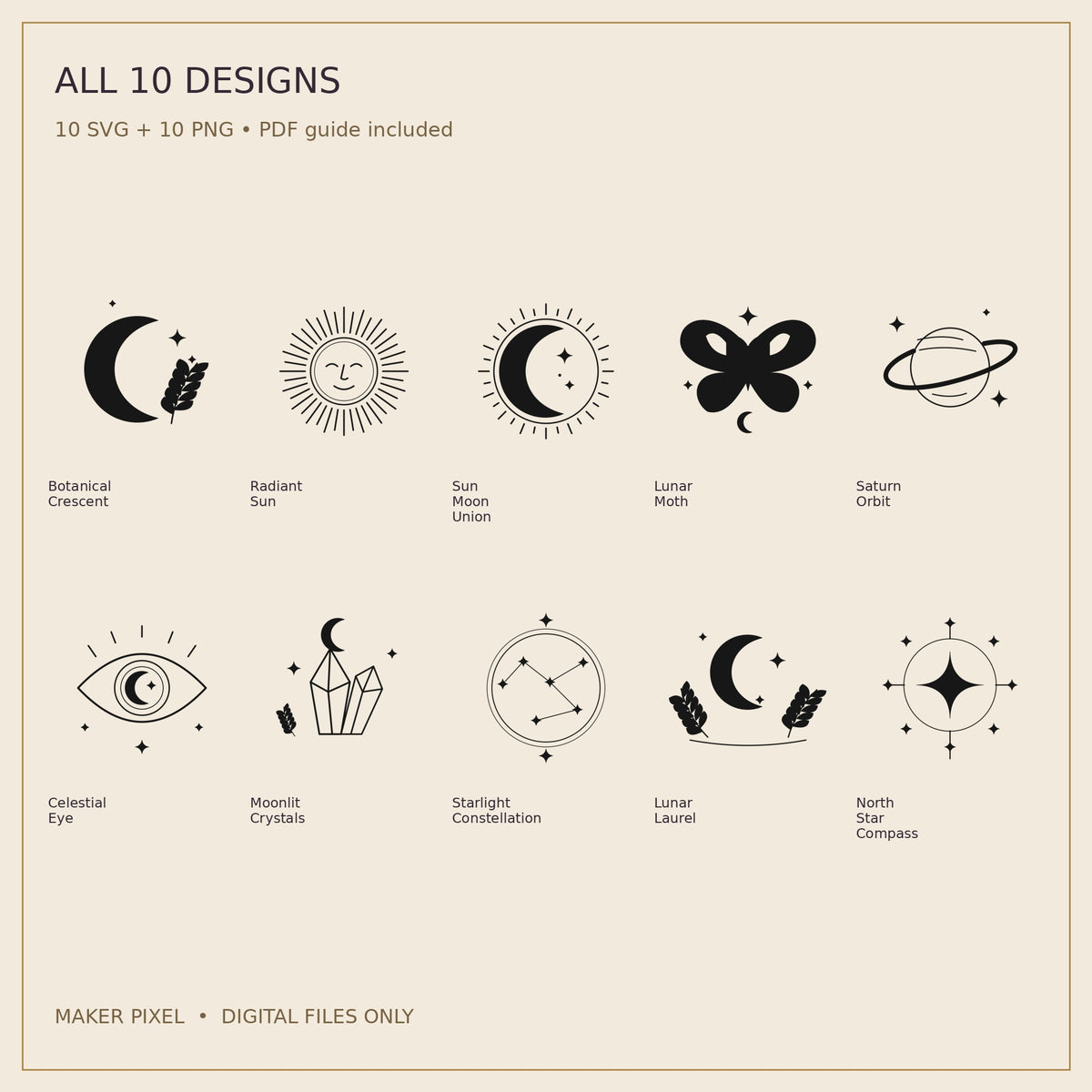 Celestial Atelier SVG Pack – 10 Celestial Designs + PNG